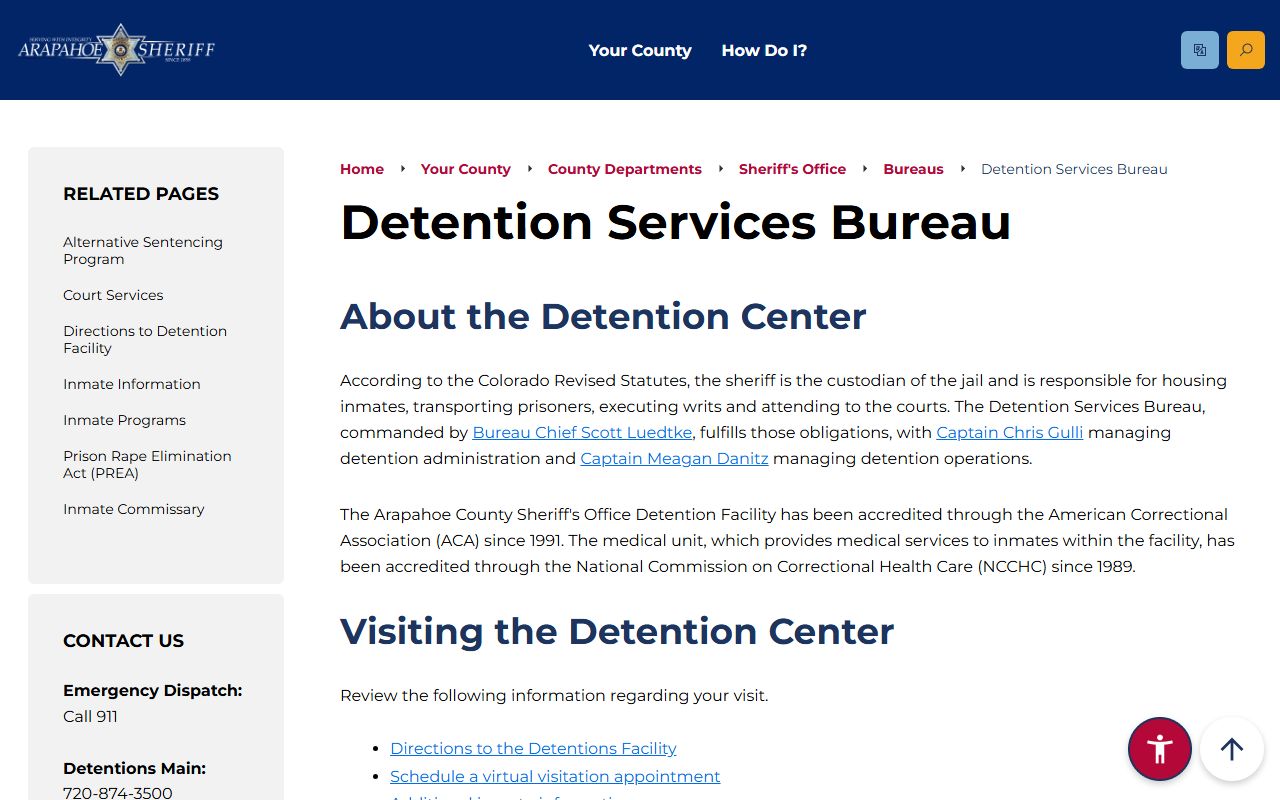 Arapahoe County Sheriff's Office Detention Facility inmate population bureau page