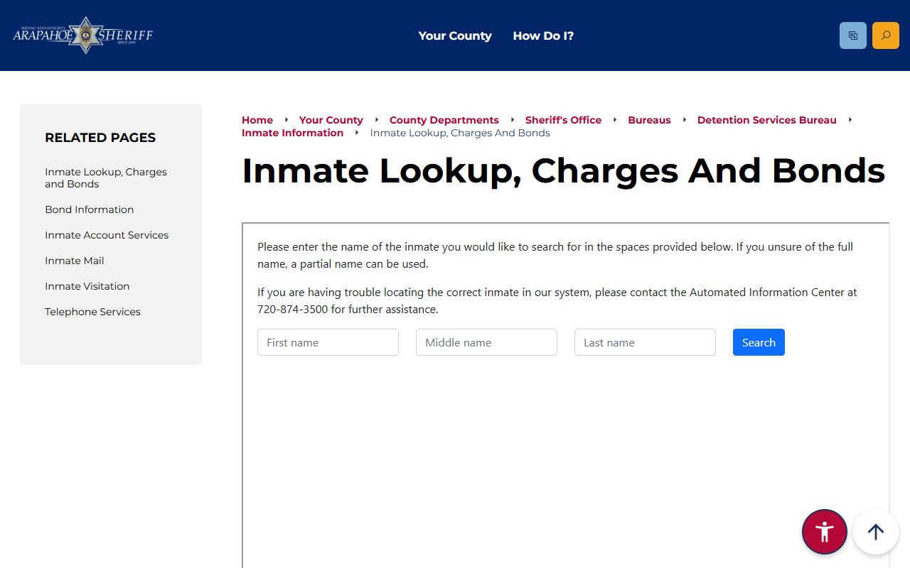 Arapahoe County jail mugshots charge and bond lookup page without public photo gallery