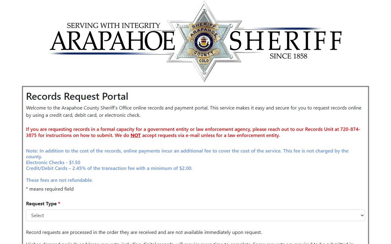 Arapahoe County booking photo records request portal