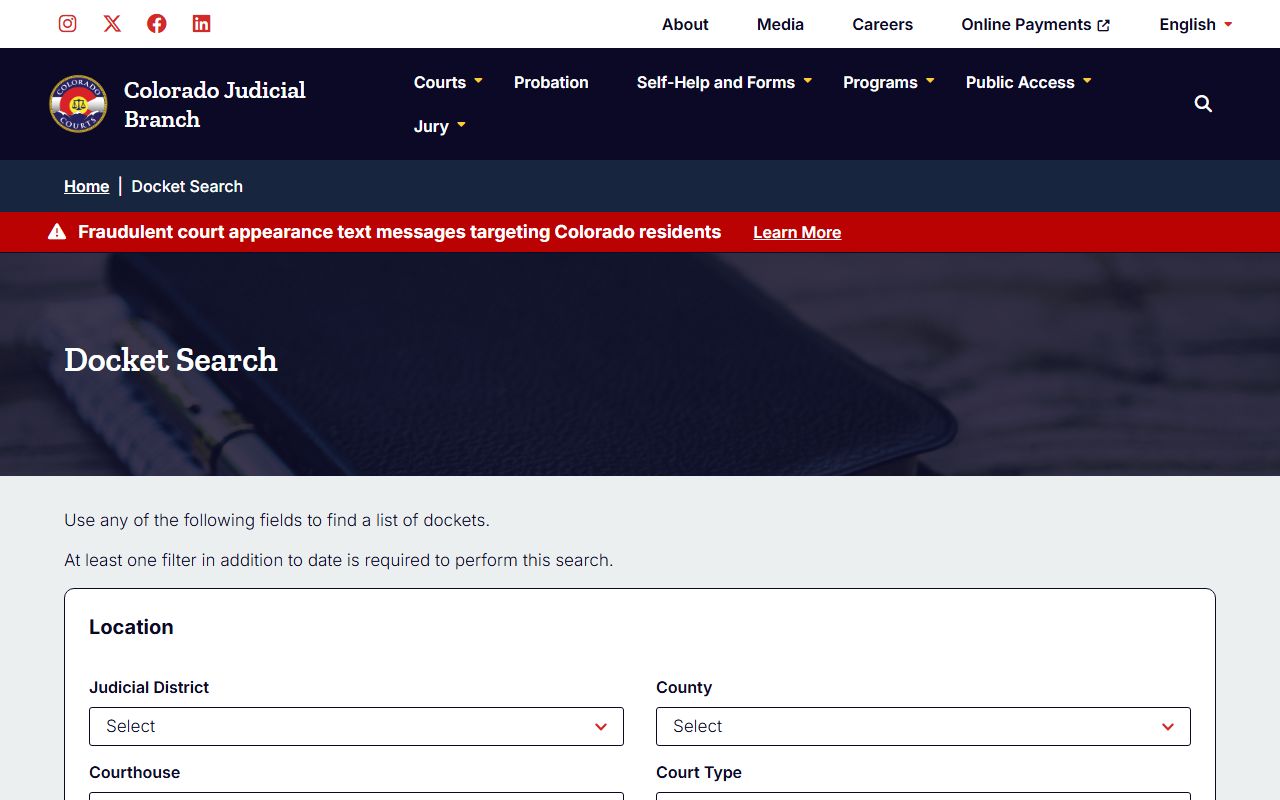 Arapahoe County court records after arrest docket search page